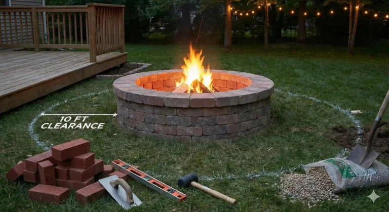 picture of the fire pit, inside the lawn illustrating the clearance distance