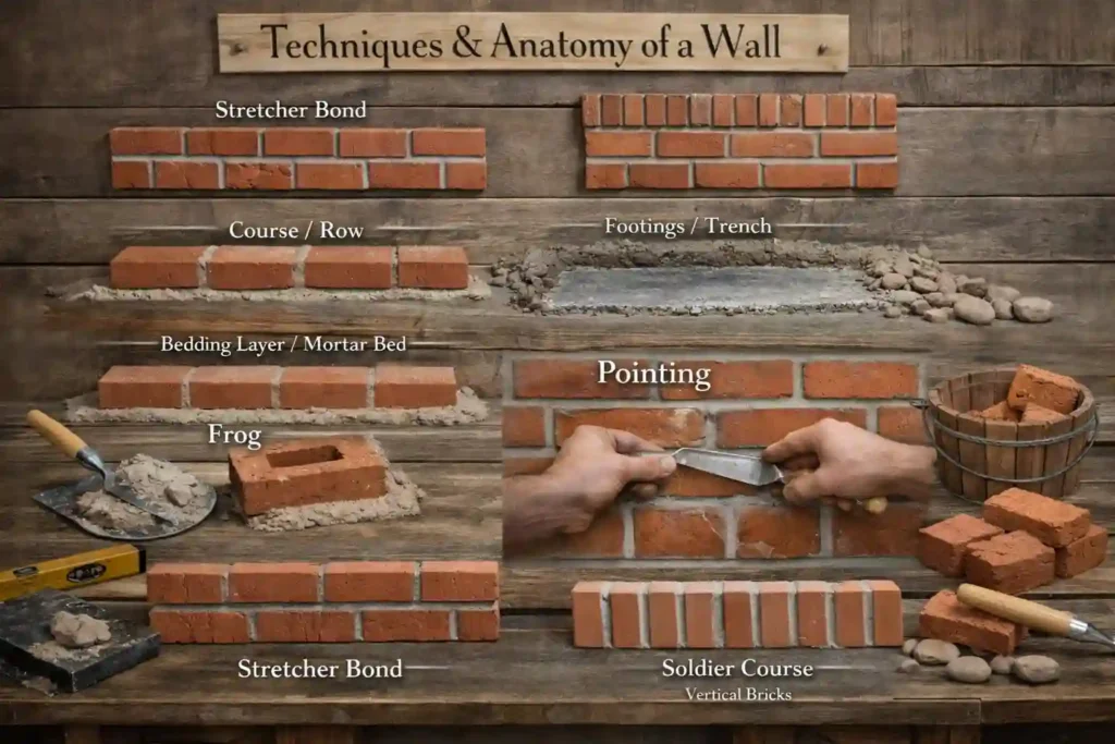 picture illustrating the important terms for bricklaying