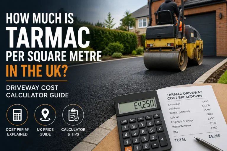 Freshly laid UK tarmac driveway with measuring tape, calculator and contractor tools showing how to estimate tarmac cost per square metre.