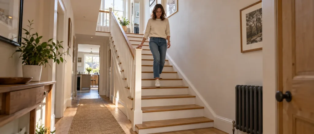 women coming down of staircase.