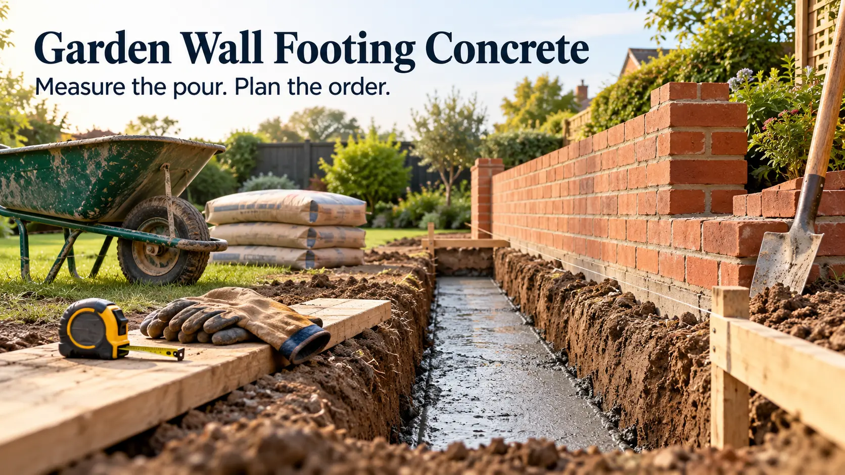 UK garden wall project with a concrete footing trench, bags and a wheelbarrow.