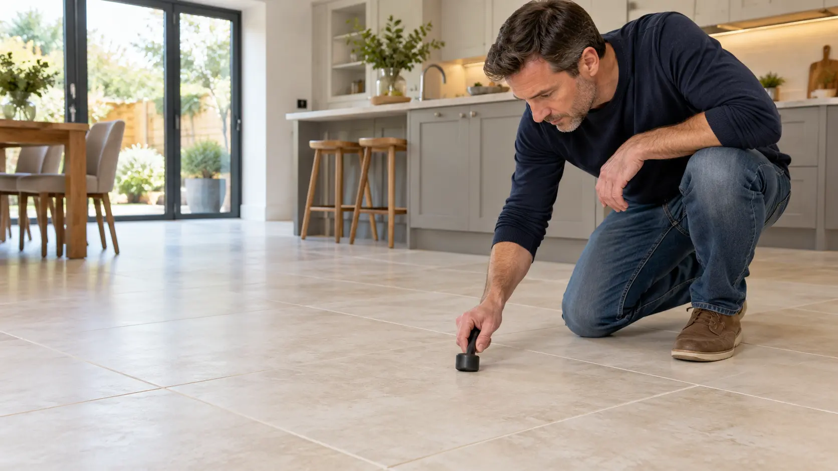 man checking the hollow tiles